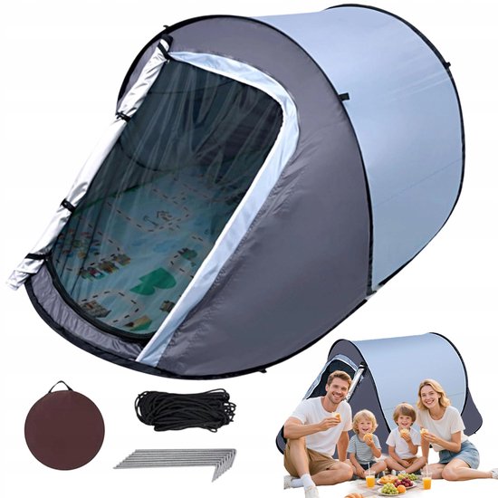 Kampeertent - Opvouwbare Tent - Pop-up Tent - 1-2 Persoons - Blauw/grijs - Polyester - 218x100x95cm - Water- en zonbestendig - Met slaapmat, tentharingen, scheerlijnen van Merkloos