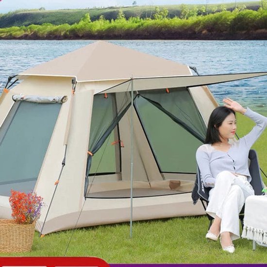 Kampeertent - Tent - Camping - Pop up Tent - 3-4 Persoon - Waterdichte Campingtent - One-touch Tent Grote Zaal - Tweedeurs Tent met Twee Ramen