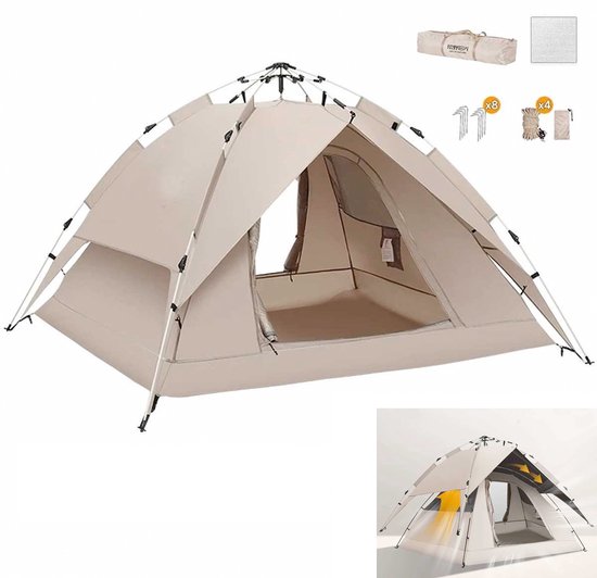 Kampeertent XXL -Dubbellaagse Zilverlijm koepeltenten-Waterdicht en winddicht-Automatische koepeltent voor 3-4 personen-220*200*145CM-Pop-up tent-campingtent met deur en raam-Met mat en Tenttouw-voor buiten- Cadeau voor Vaderdag van Merkloos