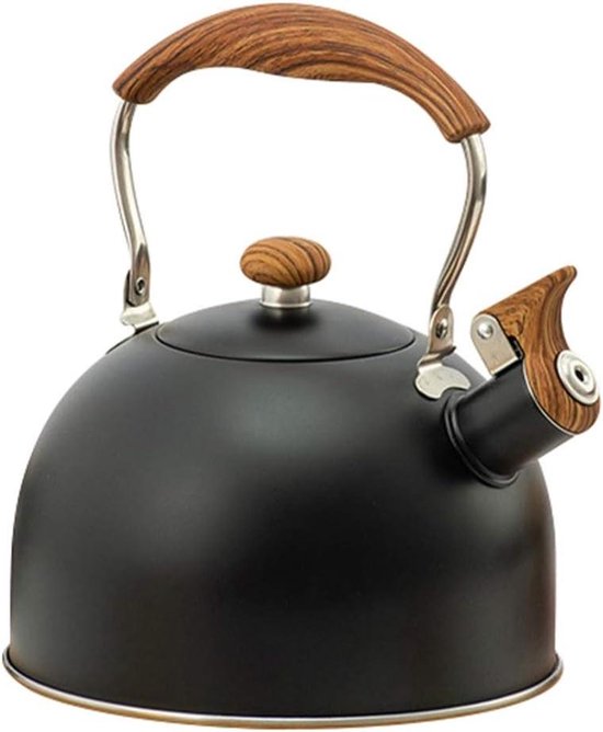 Kampeerwaterkoker - Fluitketel Theepot - Snel Water Koken - Houten Handvat - 22.5 cm Hoog - Zwart