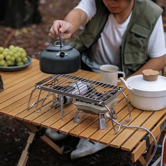Kampvuurgrill Roestvrij Staal - Opvouwbare Grill - Verstelbare Hoogte - Kookrek met Afvoerfunctie - Duurzaam en Betrouwbaar - Geschikt voor Buiten Kamperen - Kampeergrill