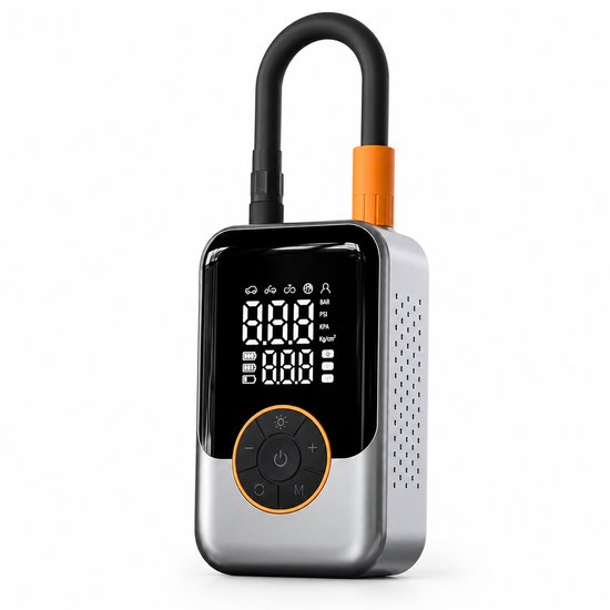KARZO Draadloze Luchtpomp – Mini Luchtcompressor met Digitale Manometer – Ingebouwd LED-licht – USB Oplaadbaar – Automatische Drukonderhoudsfunctie – Voor Auto Fiets Motor en Sportartikelen – Zwart/Grijs