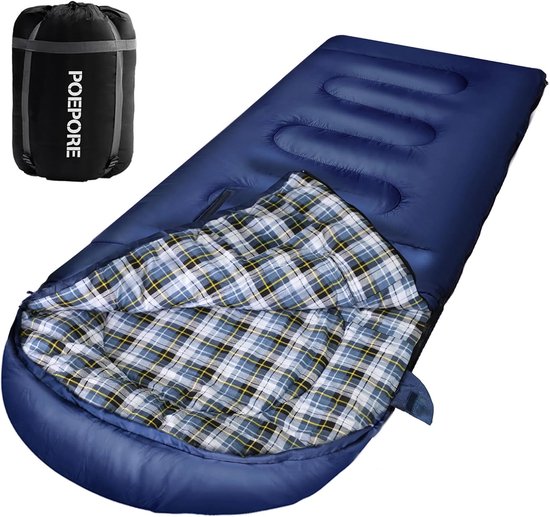 Katoenen Flanel Slaapzak - Draagbaar Kampeerartikel - Kamperen en Wandelen - Waterdicht met Compressiezak - XXL 230x90cm - Blauw van Merkloos