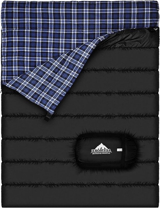 Katoenen flanel slaapzak - Dubbel slaapzak - Kamperen buiten - Waterdicht en warm - Queen size 2 persoons - Zwart/blauw