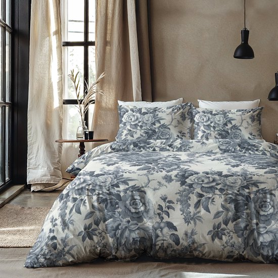 Katoenen Flanellen Dekbedovertrekset Indigo Flowers - 240x220 + 2*60x70cm van Merkloos