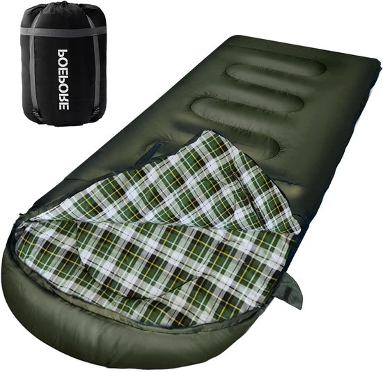 Katoenen flanellen slaapzak met kussen - lichtgewicht 3-4 seizoenen voor volwassenen enkele XL - warm en draagbaar - waterdicht voor zomer camping en wandelen - inclusief compressiezak - olijfgroen