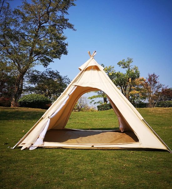 Katoenen Piramide Tent - Bell Tent Teepee - Familie Camping - Dubbele Deuren Ventilatie - 200cm Hoog - Beige