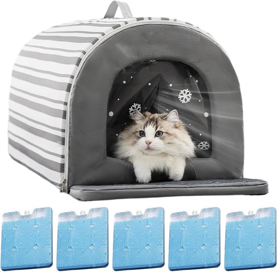 Kattenhuis Buiten - Kattenverblijf Geïsoleerd - Koel Verblijf - Met IJsbox Verkoeling - 40x35x35 cm - Grijs