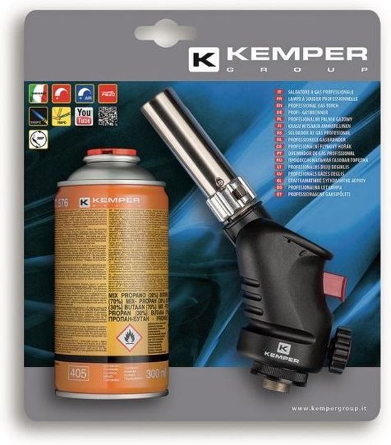Kemper gasbrander met piëzo-ontsteking met 300 ml supergas-gaspatroon 7/16 draad 1060KIT van Kemper