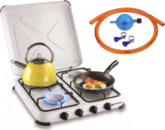 Kemper | Gaskooktoestel Set / Campingkookset met 4 Kookzones - Incl. installatiesetje van Merkloos