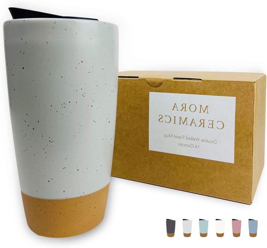 Keramische Reismok - Geïsoleerde Beker - Warme Drank Meenemen - Dubbelwandig Ontwerp - 14 Ounces - Grijs