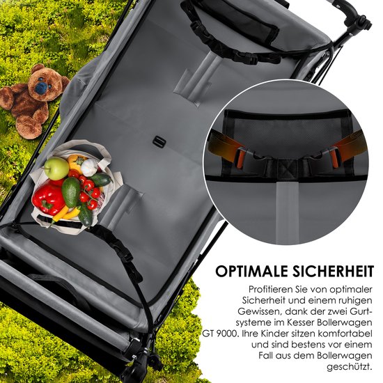 KESSER® Bolderkar opvouwbaar Bolderwagen GT9000 met dak Strandkar | incl. 2x 3-punts gordelsysteem | massief rubberen banden | tot 80 kg | rem voor en achter | + draagtas - Grijs van KESSER