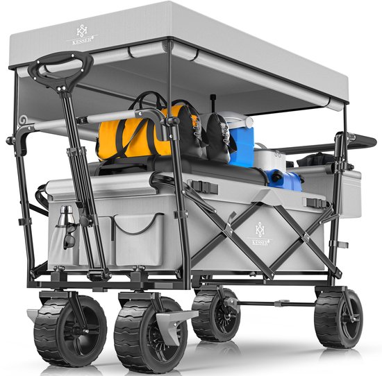 KESSER® Bolderkar opvouwbaar Bolderwagen GT9000 met dak Strandkar - incl. 2x 3-punts gordelsysteem - massief rubberen banden - tot 80 kg - rem voor en achter - + draagtas - Grijs