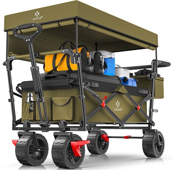 KESSER® Bolderkar opvouwbaar Bolderwagen GT9000 met dak Strandkar | incl. 2x 3-punts gordelsysteem | massief rubberen banden | tot 80 kg | rem voor en achter | + draagtas - Khaki van Merkloos