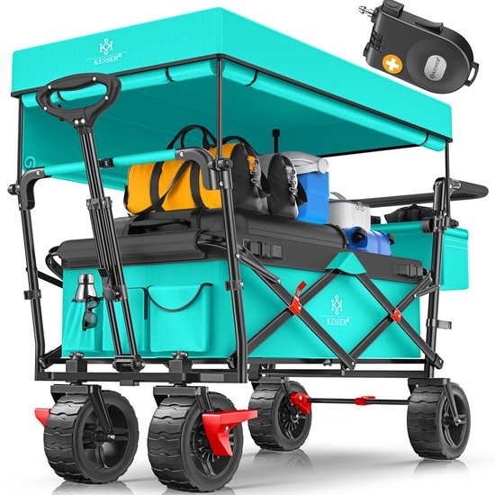 KESSER® Bolderkar opvouwbaar Bolderwagen GT9000 met dak Strandkar | incl. 2x 3-punts gordelsysteem | massief rubberen banden | tot 80 kg | rem voor en achter | + draagtas - Mintgroen