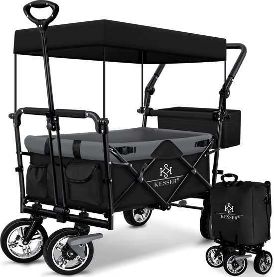KESSER® Bolderkar opvouwbaar Bolderwagen GT9000 met dak Strandkar | incl. 2x 3-punts gordelsysteem | massief rubberen banden | tot 80 kg | rem voor en achter | + draagtas - Zwart / Grijs van KESSER