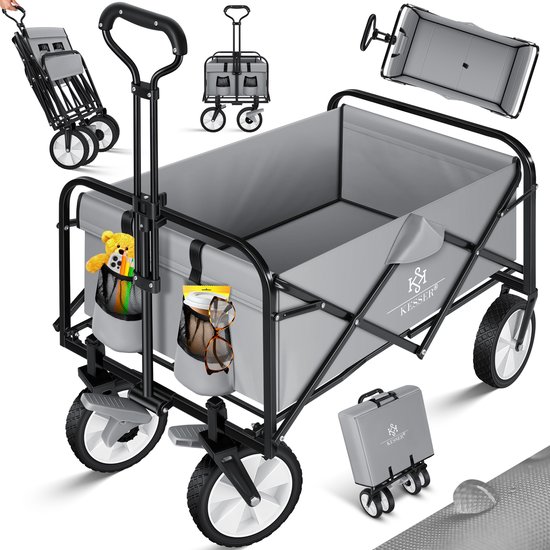 KESSER® Bolderkar opvouwbare Bolderwagen - incl. 2 netzakken Strandkar - PVC banden - tot 80 kg draagvermogen tuinaanhanger zonder dak - Grijs van KESSER
