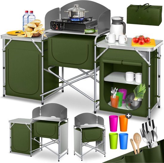 KESSER Campingkeuken Inklapbaar – Kampeerkeuken – Camping Keuken Slijtvastheid – Kampeer Keuken – Lichtgewicht - Campingkast Opvouwbaar – Windbescherming – 3 Werkplekken - Grijs