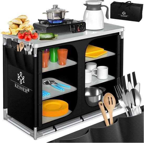 KESSER® Campingkeuken Opvouwbaar - Campingkast inclusief Opbergtas - Kampeerkeuken Kampeerkast Camping Keuken - Zwart / Typ F6 van Merkloos