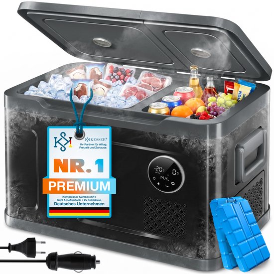 KESSER® Compressor Koelbox 2in1 Dubbele Zone Koeler & Vriezer, Elektrische Vriesbox LED Touch Control 12/24 V 230V, Frigobox Koelen tot -20 °C voor Auto, Vrachtwagen, Kamperen - 49 Liter, Zwart / Antraciet van KESSER