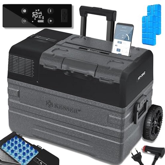 KESSER® Compressor Koelbox 42L Elektrische Frigobox met 2x Koelelementen APP-bediening USB-aansluiting 12/24V 230V en Telescopische stangwielen tot -20 °C - Coolbox voor auto en camping Antraciet van Merkloos