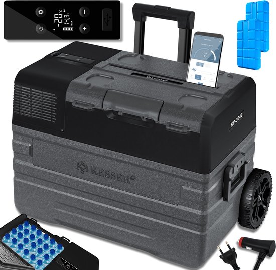 KESSER® Compressor Koelbox Elektrische Frigobox, met APP-bediening USB-aansluiting 12/24 V 230V, +Telescopische stangwielen tot -20 °C - 42L, 52L, Koelbox voor auto, vrachtwagen, boot, camper, camping - 42 Liter Antraciet / Zwart van Merkloos