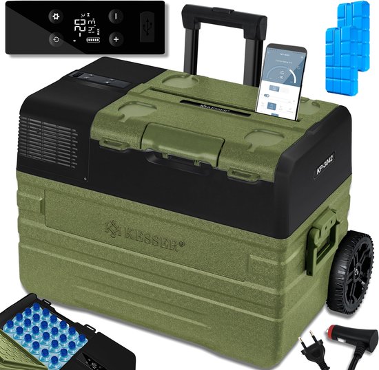KESSER® Compressor Koelbox Elektrische Frigobox, met APP-bediening USB-aansluiting 12/24 V 230V, +Telescopische stangwielen tot -20 °C - 42L, 52L, Koelbox voor auto, vrachtwagen, boot, camper, camping - 42 Liter Kaki