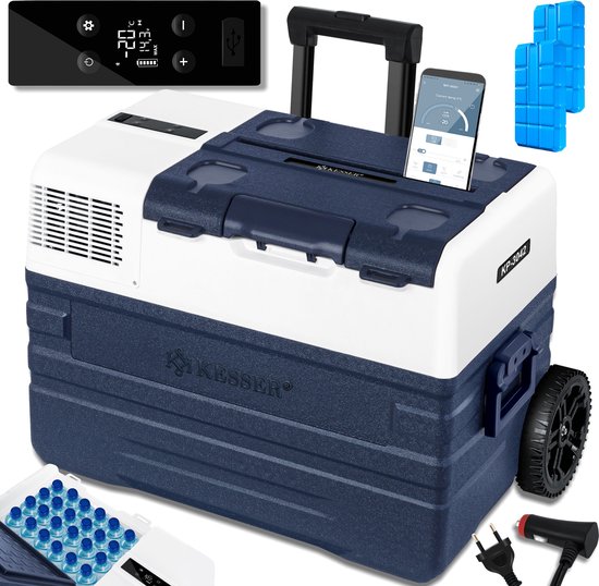 KESSER® Compressor Koelbox Elektrische Frigobox, met APP-bediening USB-aansluiting 12/24 V 230V, +Telescopische stangwielen tot -20 °C - 42L, 52L, Koelbox voor auto, vrachtwagen, boot, camper, camping - 42 Liter, Marineblauw van Merkloos