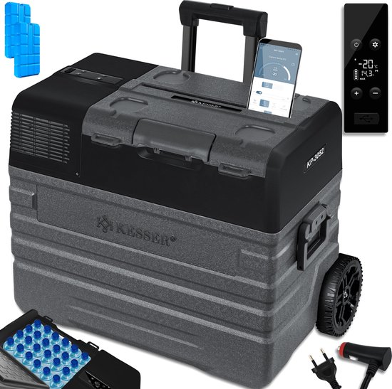 KESSER® Compressor Koelbox Elektrische Frigobox, met APP-bediening USB-aansluiting 12/24 V 230V, +Telescopische stangwielen tot -20 °C - 42L, 52L, Koelbox voor auto, vrachtwagen, boot, camper, camping - 52 Liter Antraciet / Zwart van Merkloos