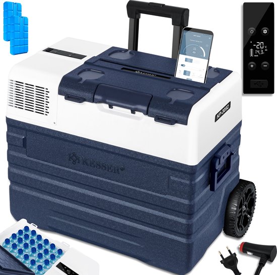 KESSER® Compressor Koelbox Elektrische Frigobox, met APP-bediening USB-aansluiting 12/24 V 230V, +Telescopische stangwielen tot -20 °C - 42L, 52L, Koelbox voor auto, vrachtwagen, boot, camper, camping - 52 Liter, Marineblauw van Merkloos