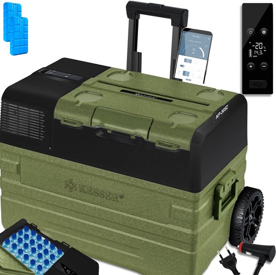 KESSER® Compressor Koelbox Elektrische Frigobox, met APP-bediening USB-aansluiting 12/24 V 230V, +Telescopische stangwielen tot -20 °C - 42L, 52L, Koelbox voor auto, vrachtwagen, boot, camper, camping van KESSER