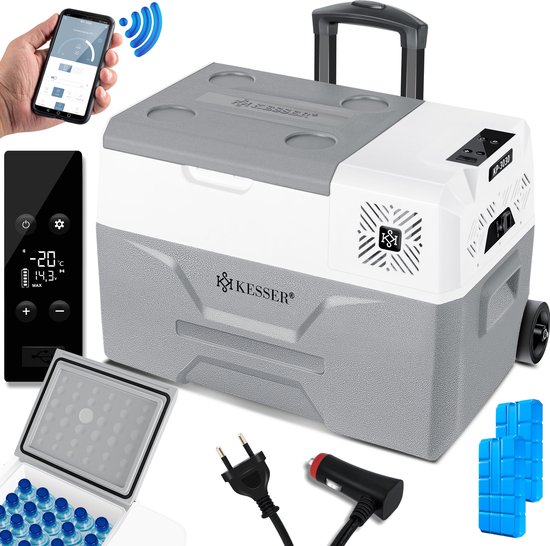 KESSER® Compressor Koelbox Elektrische Vriezer 30 Liter met APP-bediening, USB 12/24V 230V en telescopische stang Wielen | Frigobox tot -20 °C voor auto, vrachtwagen, boot, camper en camping, Grijs van Merkloos