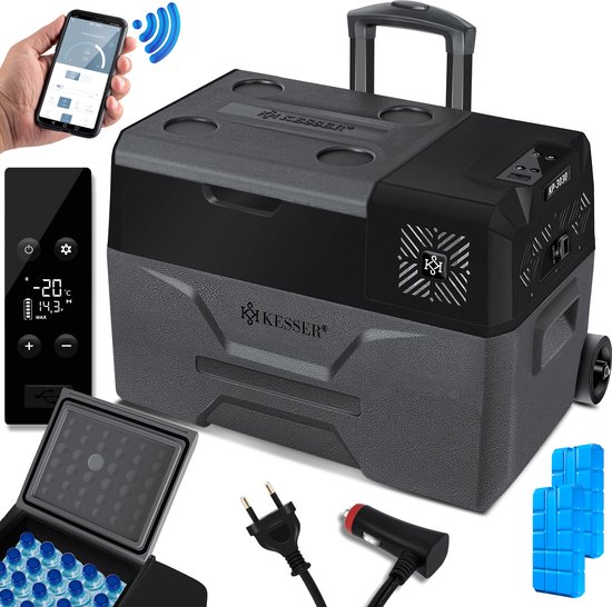 KESSER® Compressor Koelbox Elektrische Vriezer, met APP-bediening USB-aansluiting 12/24 V 230V, +Telescopische stangwielen Collbox tot -20 °C voor auto, vrachtwagen, boot, camper, camping - 30 Liter, Antraciet / Zwart van KESSER