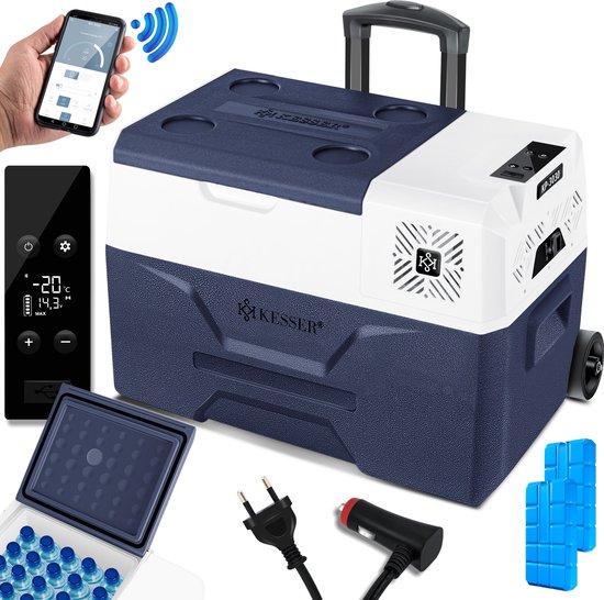 KESSER® Compressor Koelbox Elektrische Vriezer, met APP-bediening USB-aansluiting 12/24 V 230V, +Telescopische stangwielen Collbox tot -20 °C voor auto, vrachtwagen, boot, camper, camping - 30 Liter, Marineblauw van KESSER®