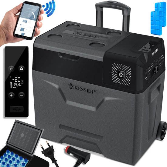 KESSER® Compressor Koelbox Elektrische Vriezer, met APP-bediening USB-aansluiting 12/24 V 230V, +Telescopische stangwielen Collbox tot -20 °C voor auto, vrachtwagen, boot, camper, camping - 50 Liter, Antraciet / Zwart van KESSER