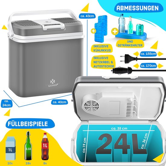 KESSER® Koelbox 24 liter, KOELT en VERWARMT | Thermo-elektrische koelbox incl. 2x koelaccu | 12 Volt en 230 Volt | Minikoelkast voor auto, boot, camping, strand | Grijs van Merkloos