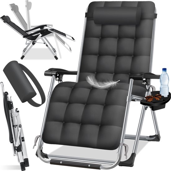 KESSER® Ligstoel Opvouwbaar Met Drinkhouder Tuinstoel Met Kussen, Ligbed, Extra Grote Tuinligstoel, Verstelbare Rugleuning Tuinligstoel Met Kussensteun - Antraciet van KESSER