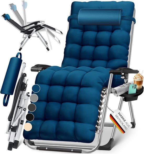 KESSER® Ligstoel Opvouwbaar Met Drinkhouder Tuinstoel Met Kussen, Ligbed, Extra Grote Tuinligstoel, Verstelbare Rugleuning Tuinligstoel Met Kussensteun - Marineblauw van Merkloos