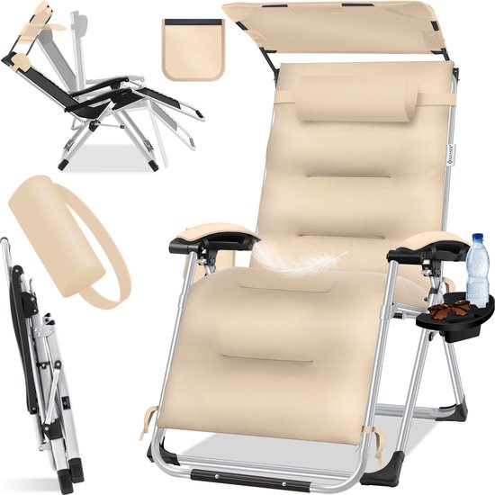 KESSER Luxe Ligstoel - Extra Breed & Comfortabel - Dikke Kussens, Armleuningen, Hoofdkussen, Bijzettafel & Opbergvakken - Ergonomisch & Antislip - Tuin of Balkon - Beige