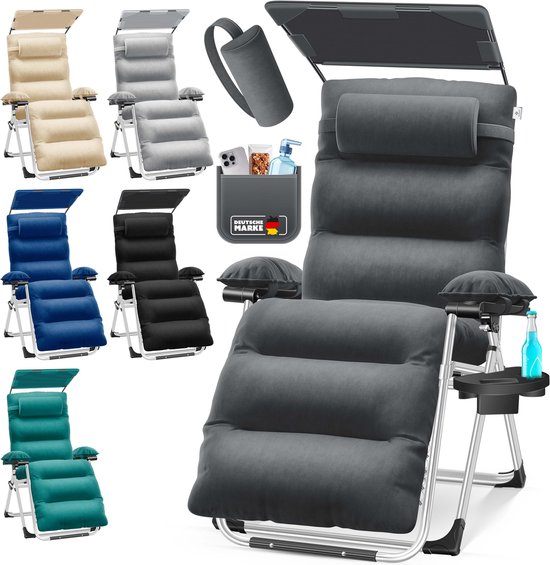 KESSER Luxe Ligstoel - Extra Breed & Comfortabel - Dikke Kussens, Armleuningen, Hoofdkussen, Bijzettafel & Opbergvakken - Ergonomisch & Antislip - Tuin of Balkon - Zwart