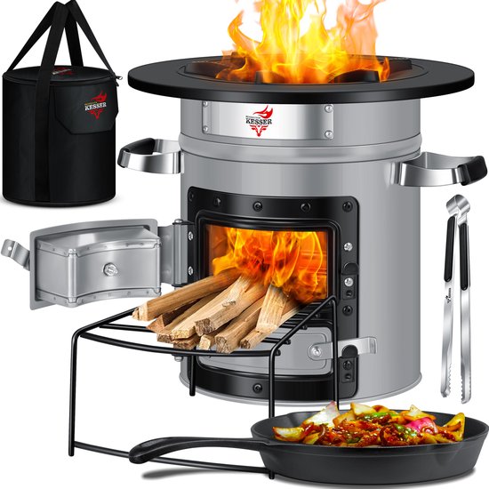 KESSER® Raket Stove / Camping Kachel / Wood Stove Incl. Gietijzeren Grillpan met Draagtas, Dutch Oven BBQ Raket Houtfornuis Camping Grill, Roestvrij Staal - Grijs van KESSER