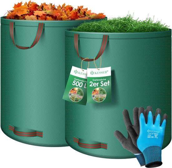 KESSER® Tuinafvalzak Tuinzak Set Bladzak incl. Handschoenen - Zelf Staand 4 Handvatten Stabiel Robuust & Opvouwbaar - Bladzakken Maaisel Tuinzakken voor Tuinafval Groenafval - 2x 500 Liter, Groen van KESSER
