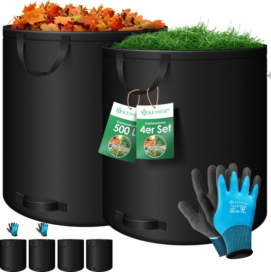 KESSER® Tuinafvalzak Tuinzak Set Bladzak incl. Handschoenen - Zelf Staand 4 Handvatten Stabiel Robuust & Opvouwbaar - Bladzakken Maaisel Tuinzakken voor Tuinafval Groenafval - 4x 500 Liter, Zwart van KESSER