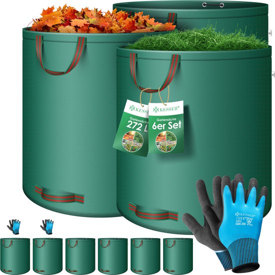 KESSER® Tuinafvalzak Tuinzak Set Bladzak incl. Handschoenen - Zelf Staand 4 Handvatten Stabiel Robuust & Opvouwbaar - Bladzakken Maaisel Tuinzakken voor Tuinafval Groenafval - 6x 272 Liter, Groen van KESSER