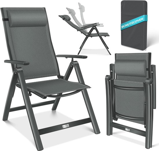 KESSER® Tuinstoel met Armleuningen | Opklapbare Aluminium Ligstoel incl. Hoofdkussen | Campingstoel 7-voudig Verstelbare Rugleuning | Ademend & Weerbestendig | Opvouwbaar & Antislip Antraciet