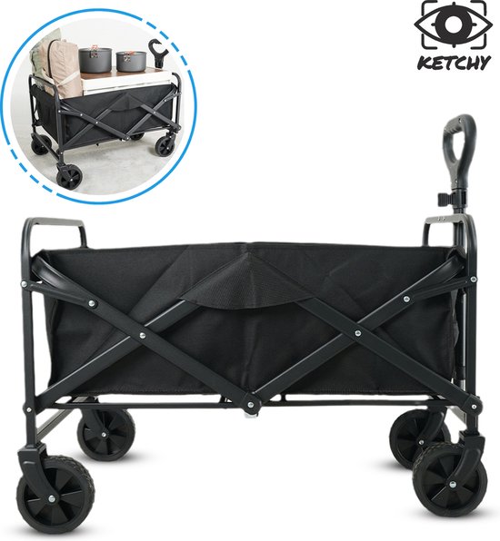 Ketchy Opvouwbaar Bolderkar Tot 70kg Draagvermogen | Inhoud 76L Bolderwagen met Duwstang | Opvouwbare Draag Kar | Bolder Wagen Strandkar | Kamperen | Camping | Zwart van Ketchy