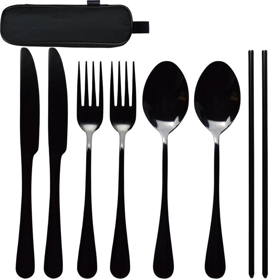 Keufens Reisbestek - Bestekset - Campingbestek - Meeneembestek - Bestek to go - Kampeerbestek - 2 Persoons - Zwart - RVS - Bestek Etui - Set van 8 van Keufens