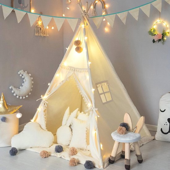 Kids tipi tent met gewatteerde mat, banner en garenbal - Beige katoenen canvas speeltent voor kinderkamer decor van MoniMatt