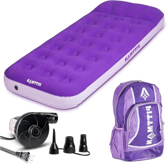 Kinder Luchtbed - Draagbaar Kampeerbed - Comfortabel Slapen Buiten - Ingebouwd Kussen - Twin Maat - Paars