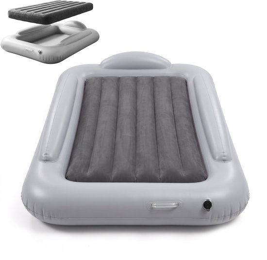 Kinder Luchtbed PVC Fluweelzacht Opblaasbaar Bed voor Kinderen Opvouwbaar Luchtmatras Kinder Slaapmat voor Thuis Reizen en Camping Grijs met EU-Luchtpomp